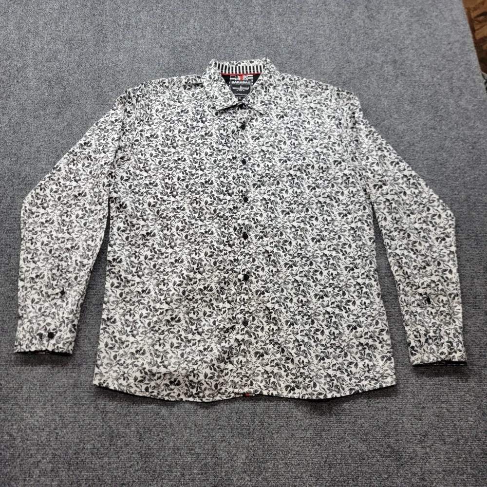 Barabas Mens XL White Black Floral Print Long Sleeve Button Down Cotton Shirt