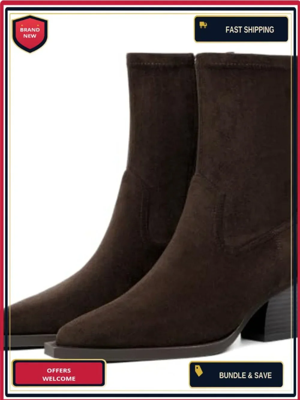 Chunky Block Heel Ankle Boots for Women Pointed Toe Faux Suede Stretch Side