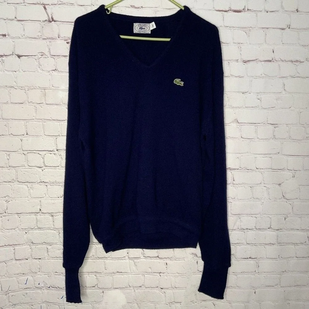 Vintage Izod Lacoste Blue Knit Long Sleeve‎ V-Neck Sweater Men XL Machine Wash