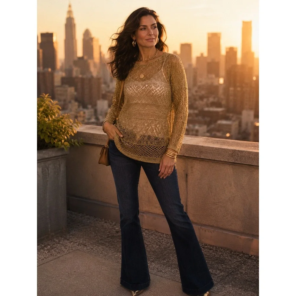 Lauren Ralph Lauren‎ Gold Metallic Pointelle Knit Crochet Sweater Top Womens M
