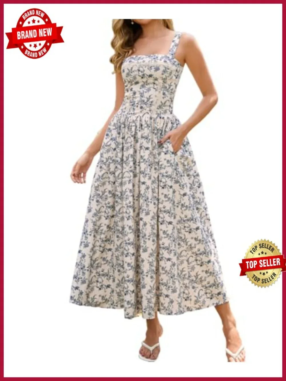 Flowy A-Line Corset Midi Dress with Pockets, Square Neck Lace Trim Sundress