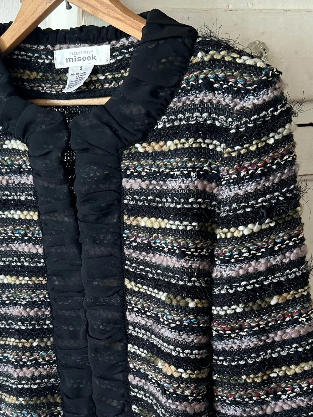 Misook | Women’s Black/Multi Knit Front Clasp Long Sleeve Collarless Blazer Sz S