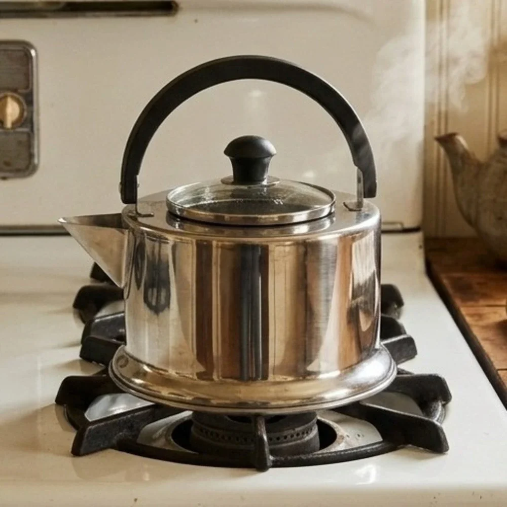 Stainless Steel Stovetop Tea Kettle with Glass Lid and Black Arched Handle