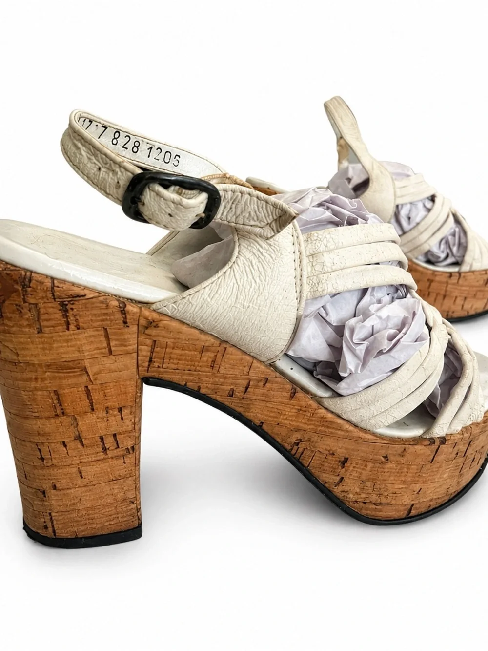 Vintage 70’s Woven White Leather Platform Sandals with Cork Heel
