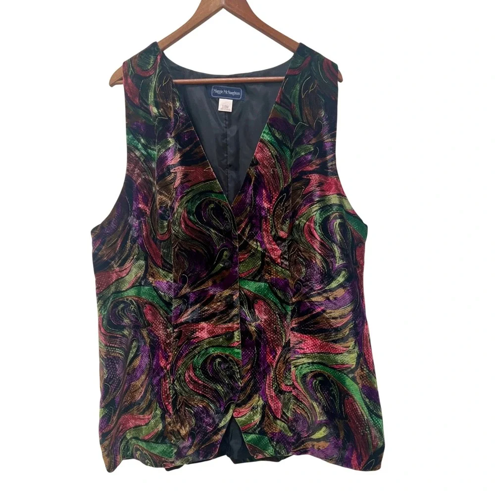 Maggie McNaughton Vintage Velvet Swirl Vest Jewel Tone Metallic Gold Plus 18W‎