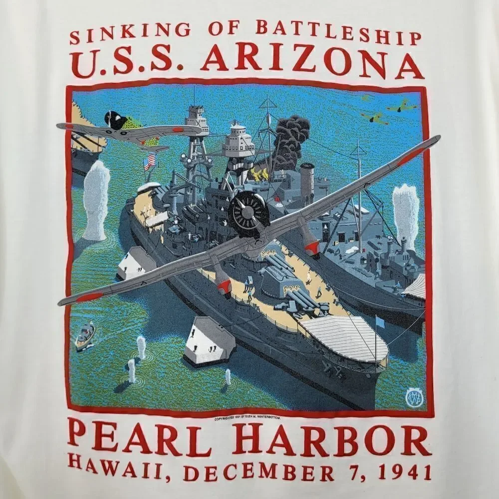 Vintage 1991 U.S.S. Arizona Pearl Harbor Memorial Puff Print T‎ Shirt Size XL