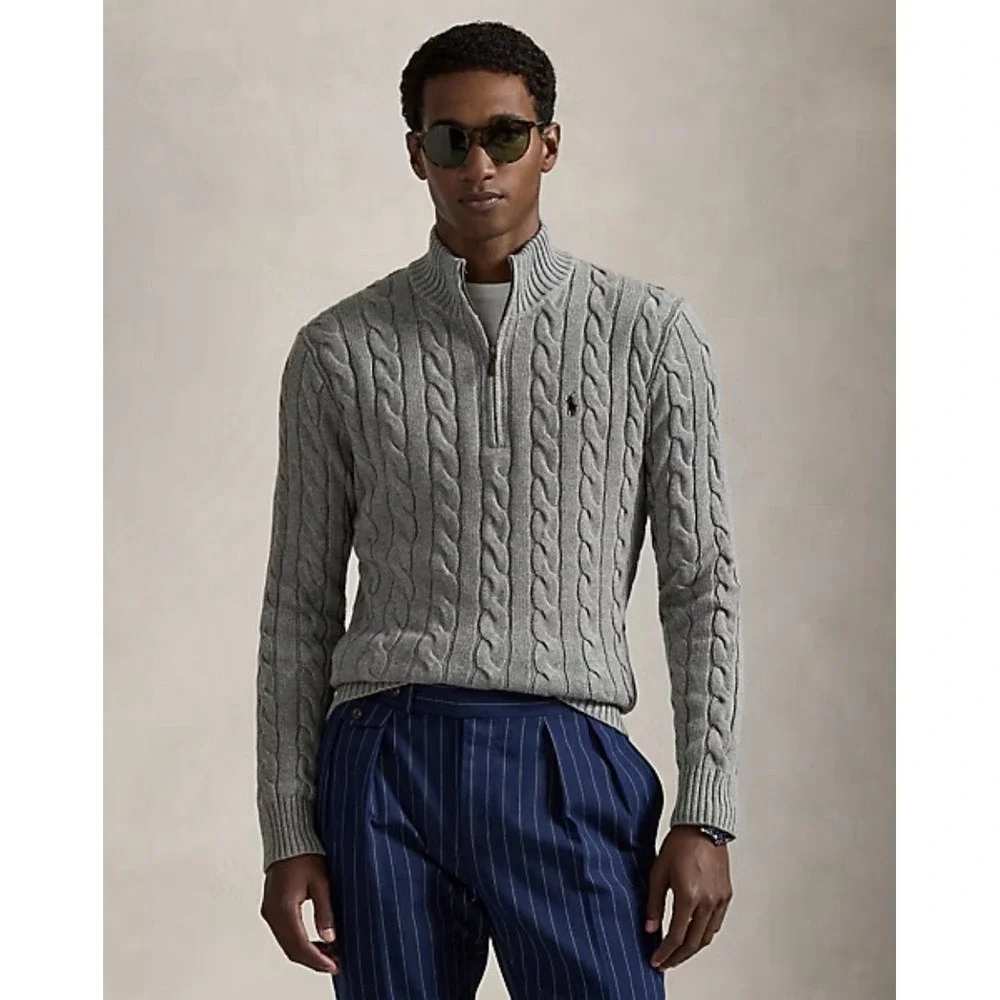 Polo Ralph Lauren Cable-Knit‎ Cotton Quarter-Zip Sweater in Grey Men Medium NWT
