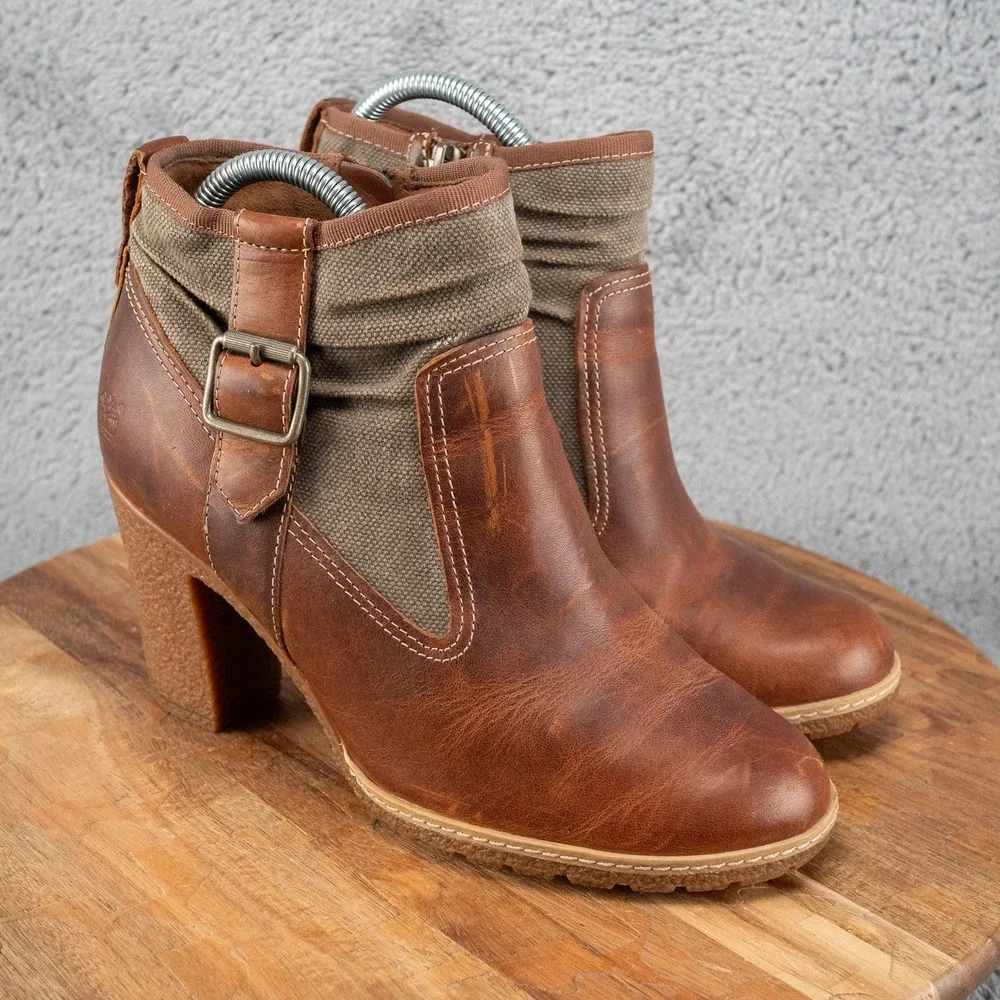 Timberland Ankle Boots Women 8.5 Brown‎ High Heel Chunky Zip Up Buckle Ortholite