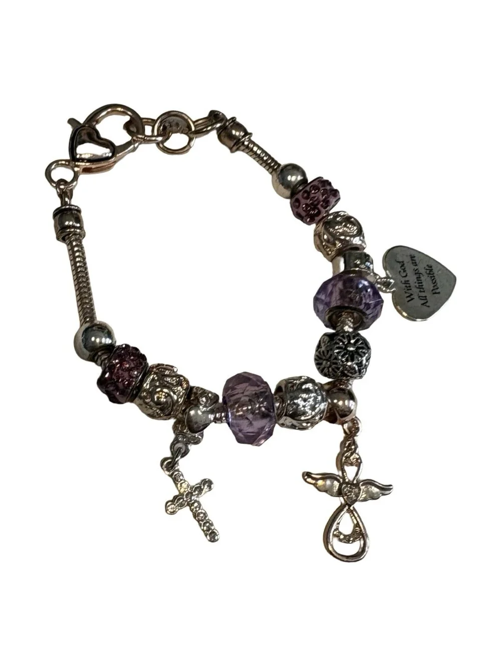 Bracelet Purple Glass Beaded Heart Luck Charm Womens Christian