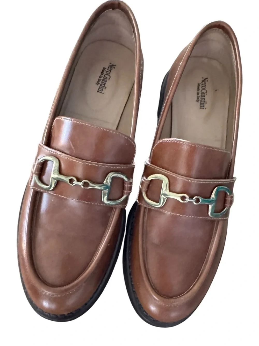 Nero Giardini Chestnut Brown Leather Lug-Sole Bit Loafers