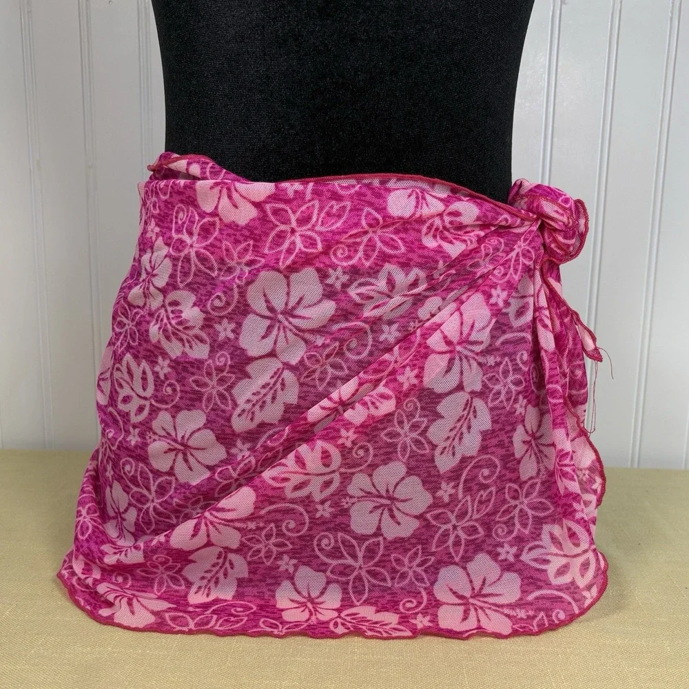 2000s Hot Pink Hawaiian Semi-Sheer Sarong Swim Coverup Tie Pool Swim Y2K OS