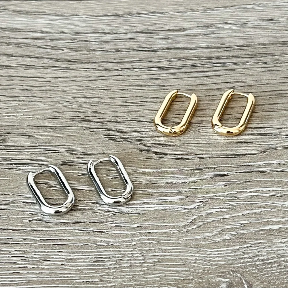 NEW | rectangular hoop huggie earrings in gold and silver