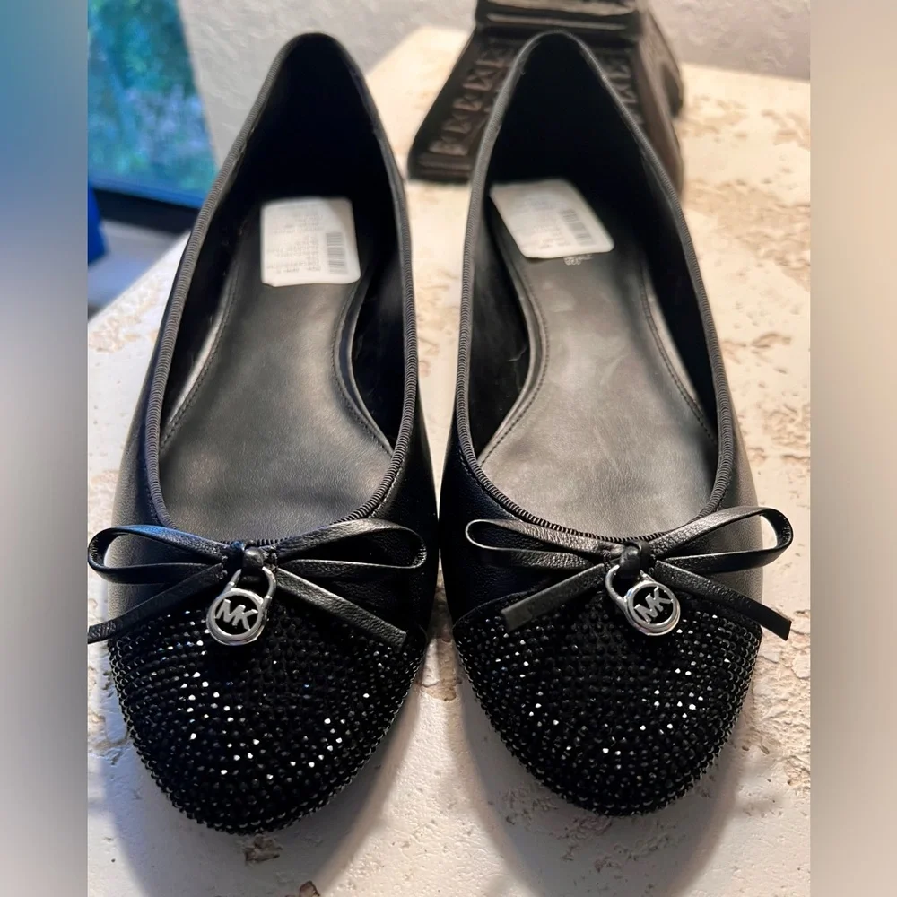 NWT Michael Kors Claudia Flex Black Leather Rhinestone Ballet Flat, Size 7.5