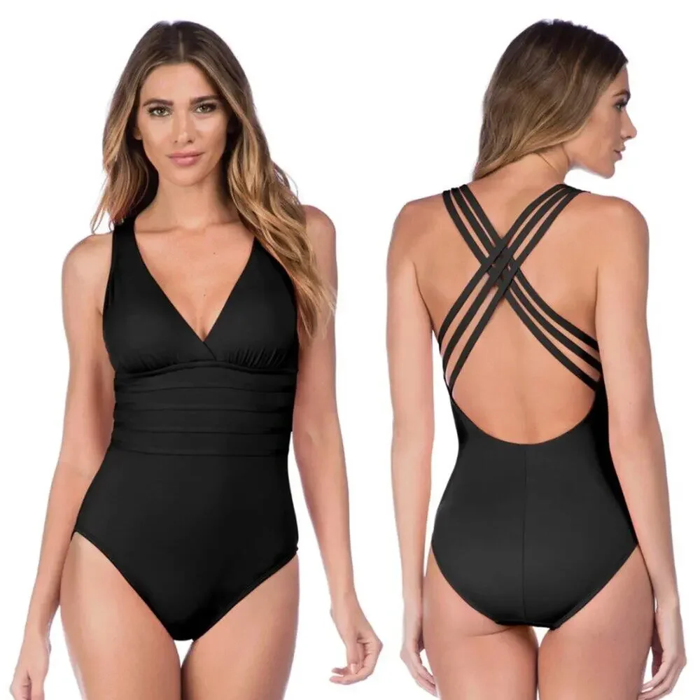 La Blanca Black V-Neck Strappy One Piece Swimsuit