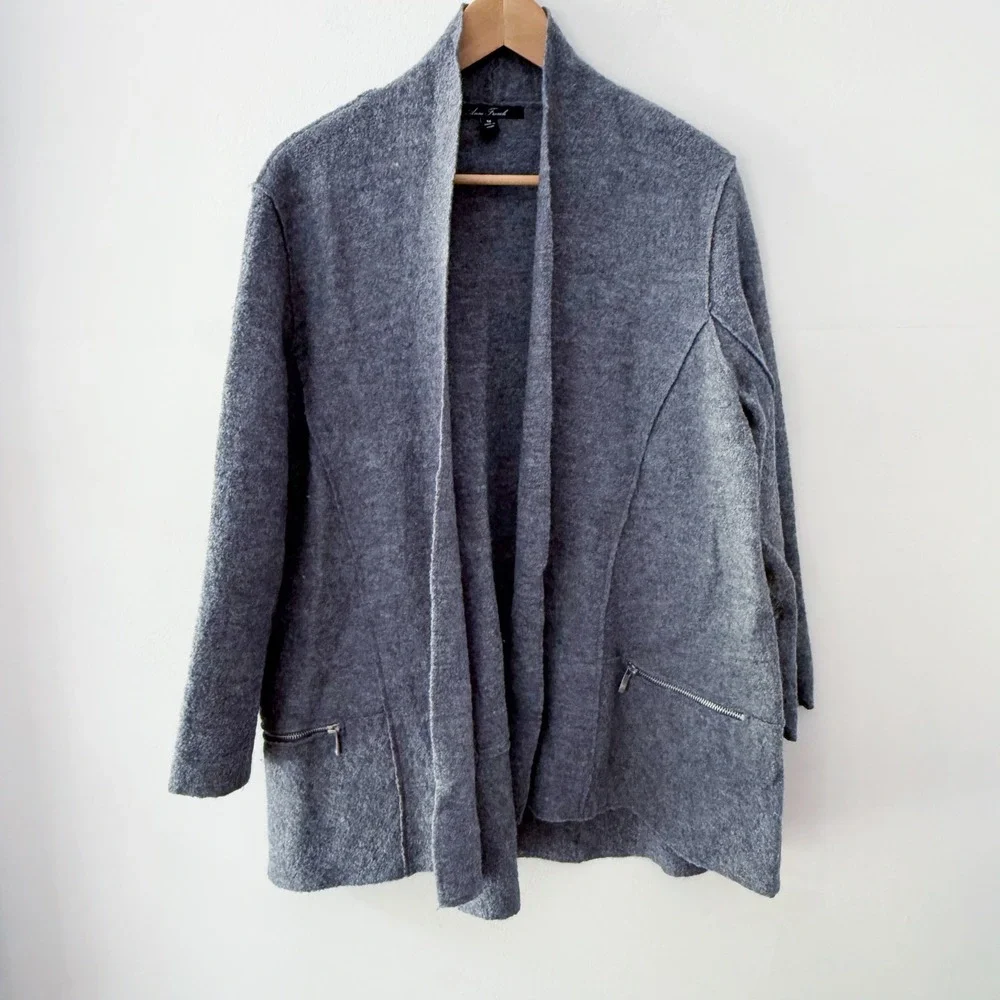 Anne French Cardigan Womens Medium Gray 100% Boiled Wool Layer Minimalist Office