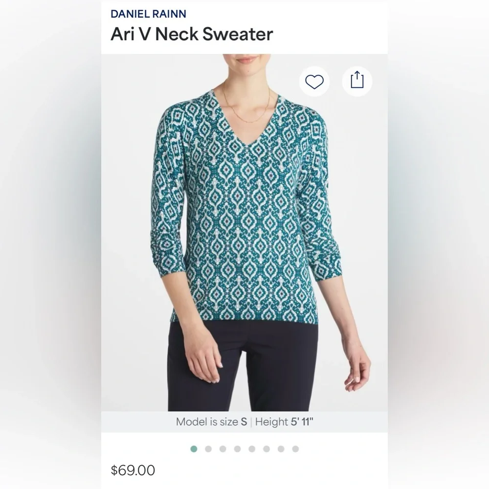 Daniel Rainn Aria Paisley Teal and White V-Neck Pullover Sweater XL