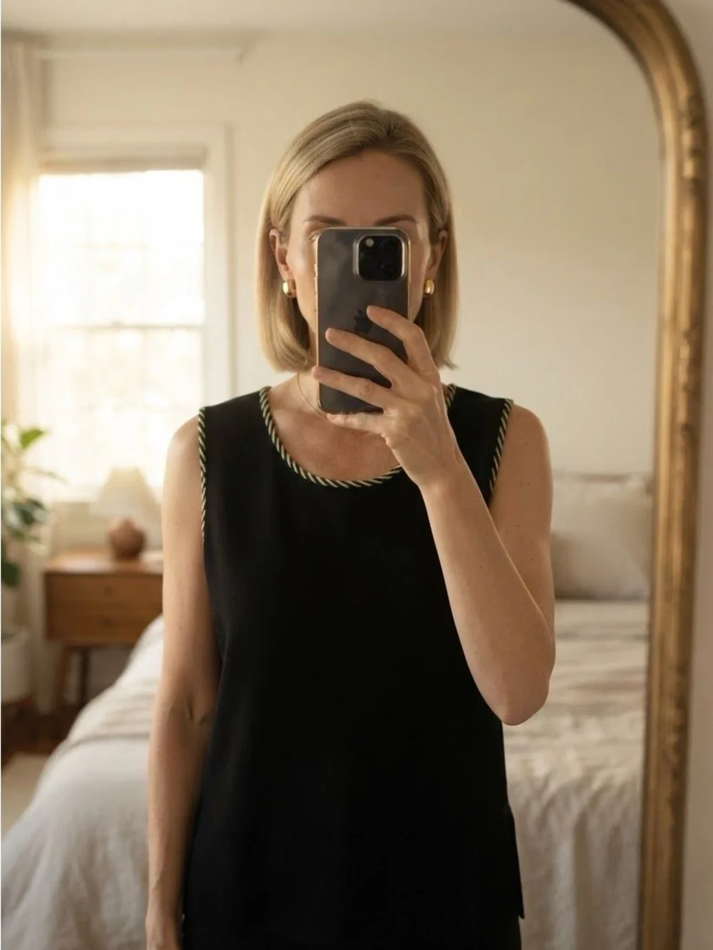 Misook Sleeveless Black Tank with Braided Contrast Trim and Cardigan S:1X 2pc