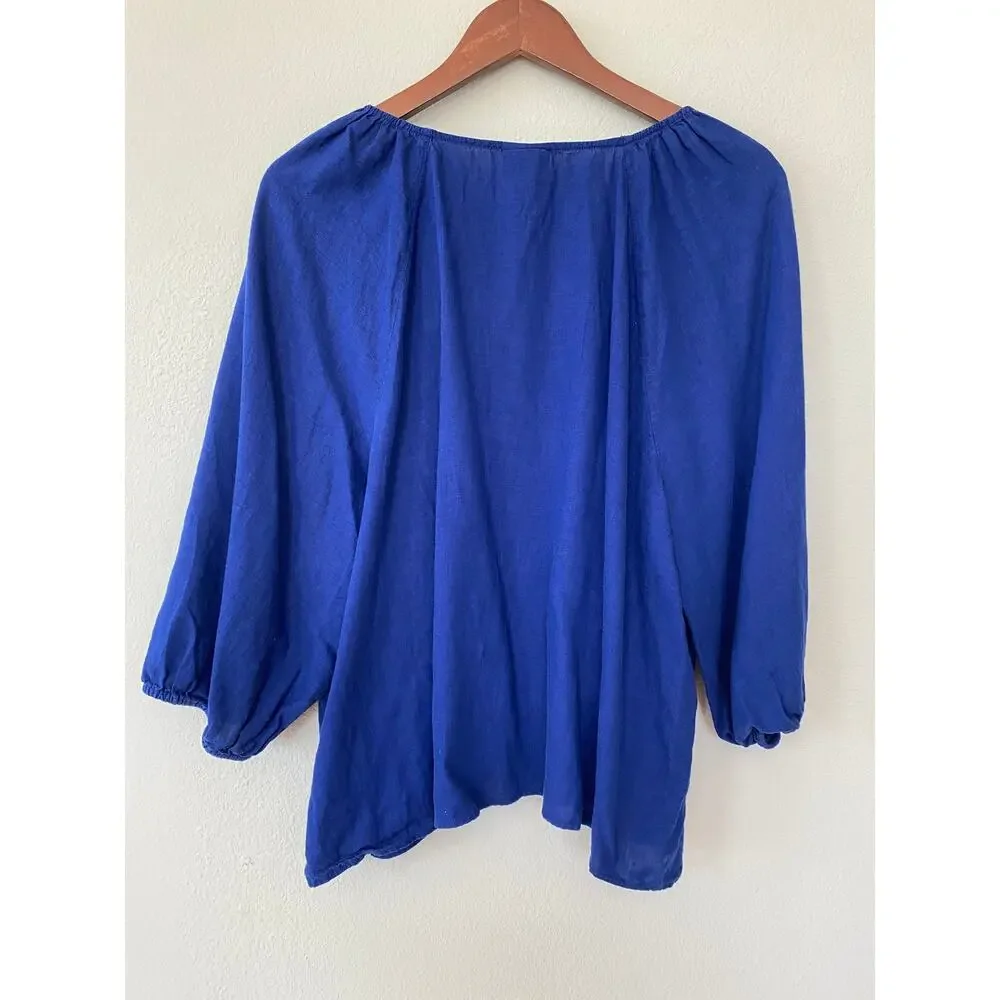 Ava & Viv 1X Blue Linen Blend Ruched Front Boho Peasant Blouse Plus Size Coastal