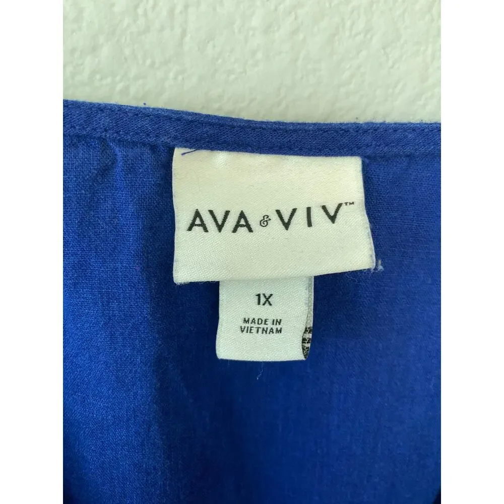 Ava & Viv 1X Blue Linen Blend Ruched Front Boho Peasant Blouse Plus Size Coastal