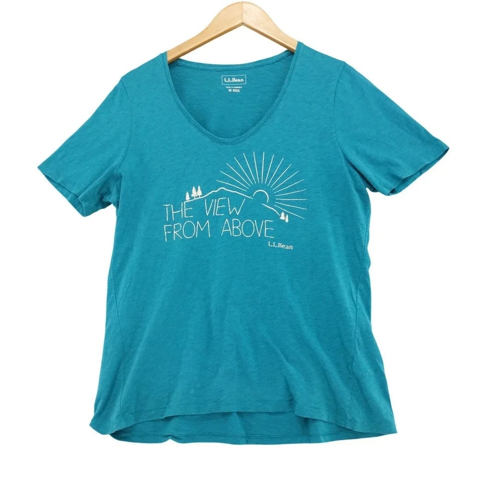 L.L. Bean Graphic Tee Women Medium Blue The View From Above V-Neck Slub Shirt