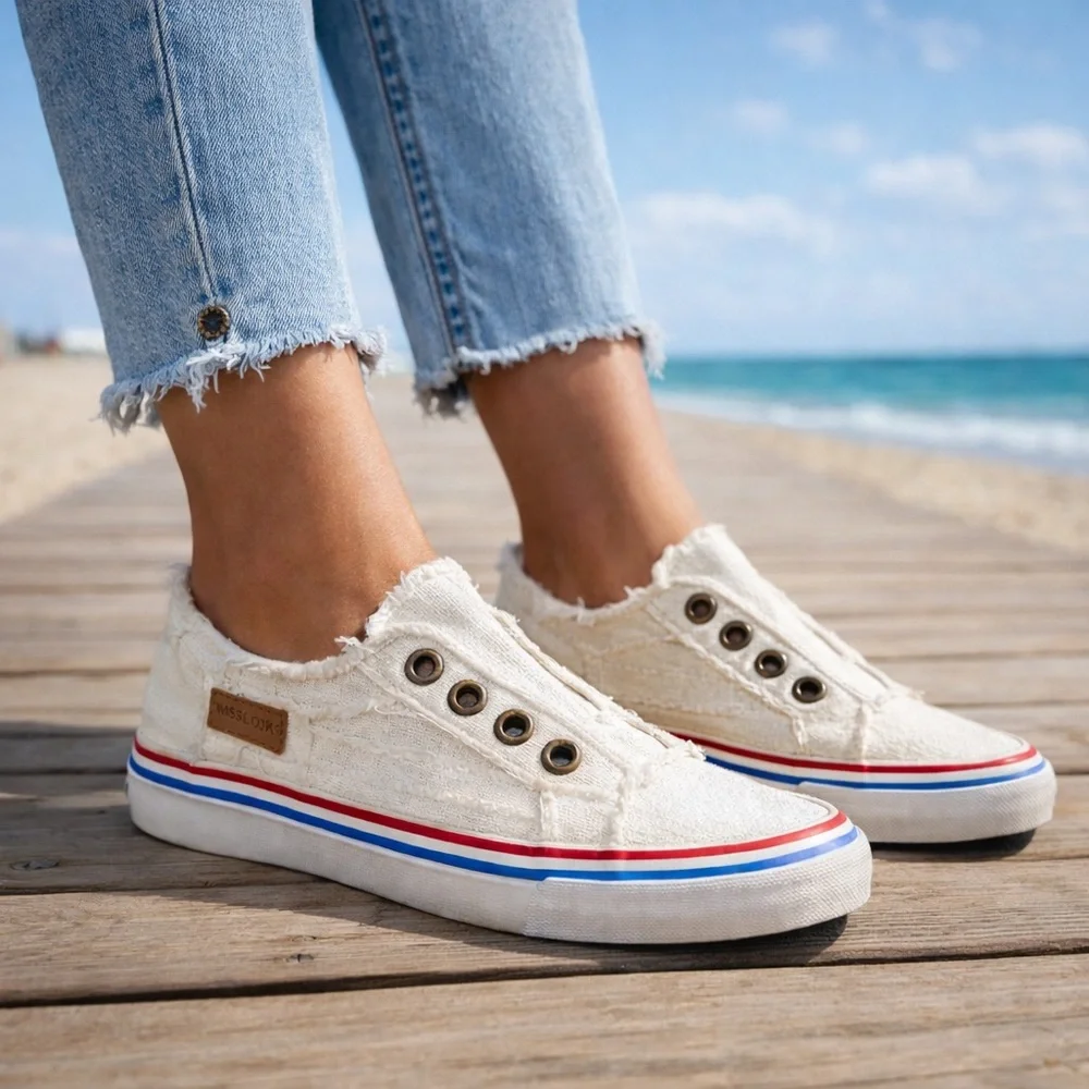 MISSLOOK Distressed Canvas Slip-On Sneakers Off-White EU 37 US 6.5–7