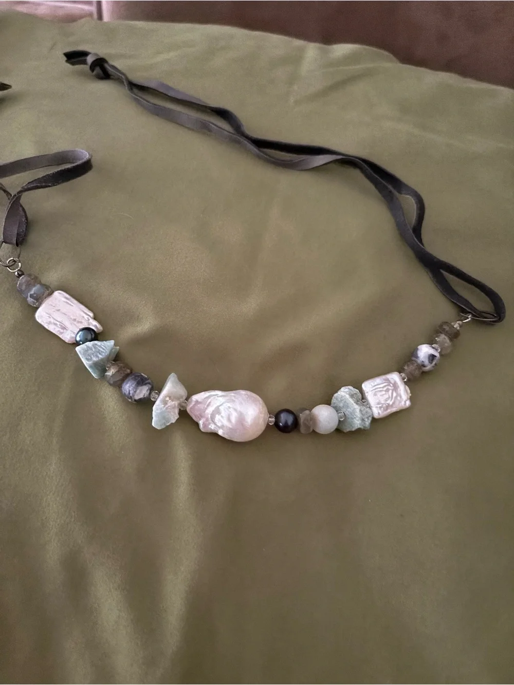 Handmade Pearl and Bead Necklace in Green and White