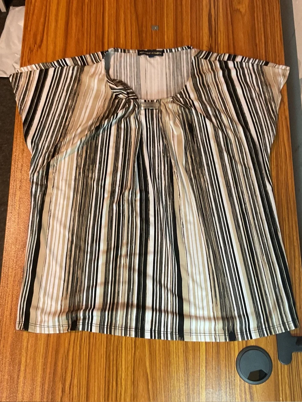 Adrienne Vittadini Black and White Striped Pleat-Front Blouse