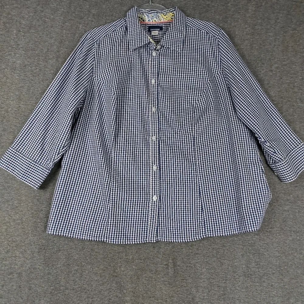 BASIC EDITIONS WOMENS BLUE WHITE PINK GINGHAM POLKADOT 3/4 SLEEVE BUTTON UP 1X