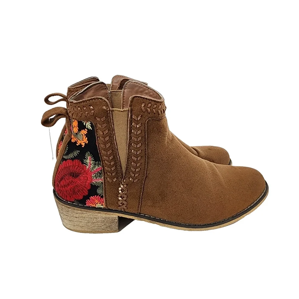 Tiara Los Angeles Womens Embroidered Floral Topa Ankle Boots 8.5M Camel Suede