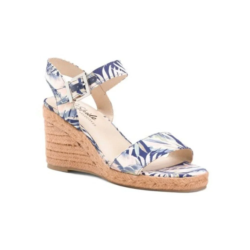 Lifestride Womens Blue Tan Floral Open Toe Ankle Strap Wedge Sandals Sz 10 New