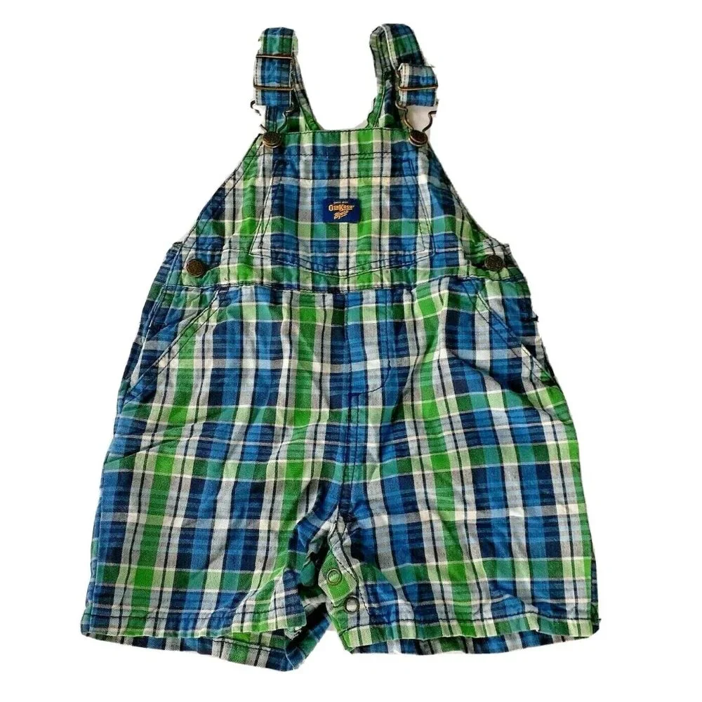 Oshkosh Boys Overall Shorts Green Blue Plaid Shoralls 18 Months