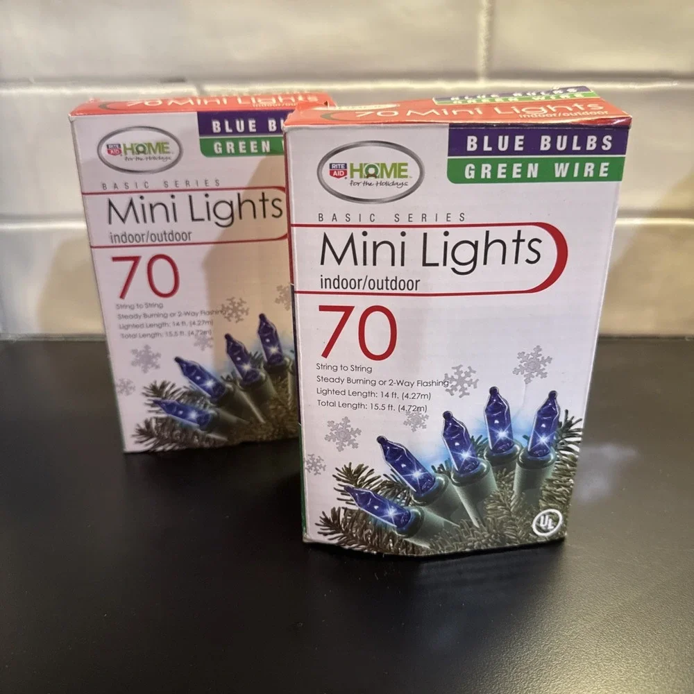 Rite Aid Home Mini Lights 70 Count Blue Bulbs‎ Green Wire Indoor Outdoor 2 Pack