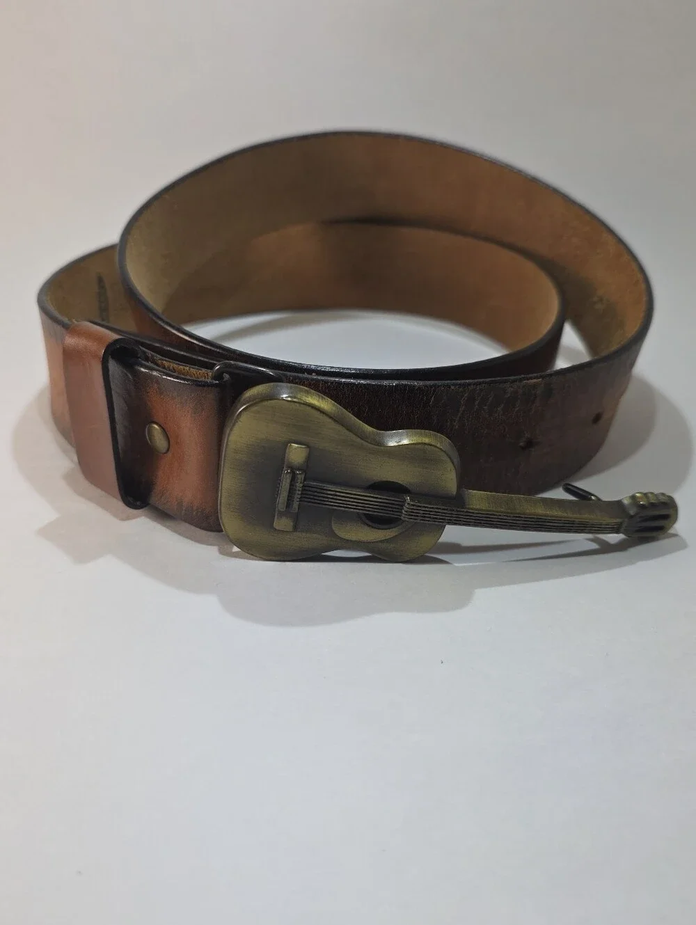 Vintage Old Navy Brown Leather Belt W/ Guitar Belt Buckle Western