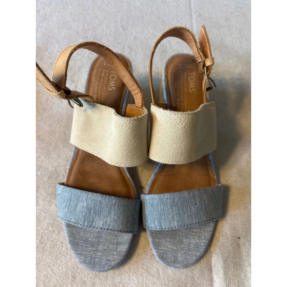 TOMS Block‎ Heel Sandals Womens 7.5 Blue Cream Tan Good Mixed Media Espadrille