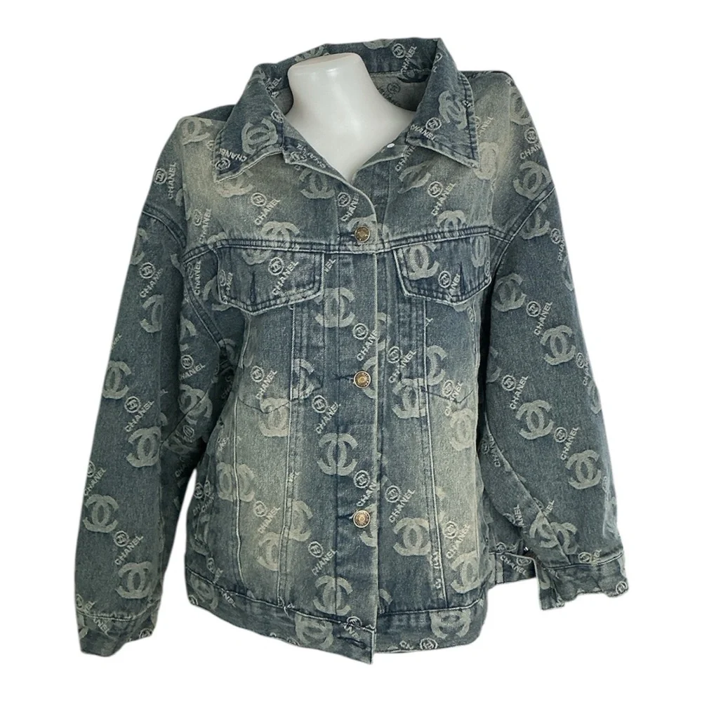 CHANEL Logo-Embellished Blue Jean Jacket