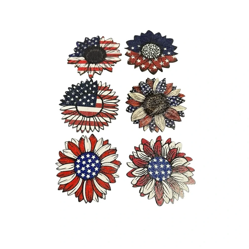 NEW wood round coasters set of‎ 6 flowers floral usa flag red white blue