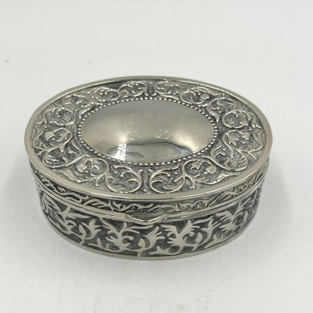Vintage Oval Silver Plated Jewelry Trinket Box Monogrammed Velvet Lined Keepsake