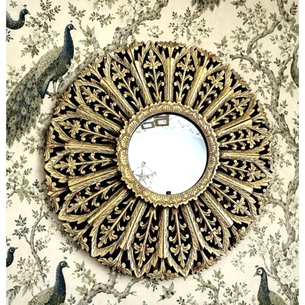 Vintage MCM MIrror Carved Wood Gold Sunburst Accent 22