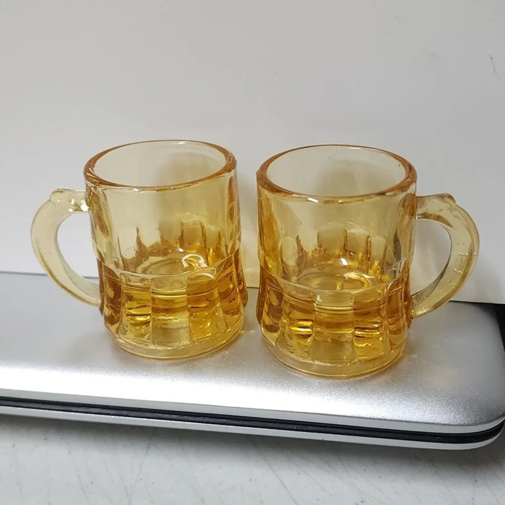 Set of 2 Vintage Federal Glass Yellow Amber‎ Mini Beer Mug Shot Glasses