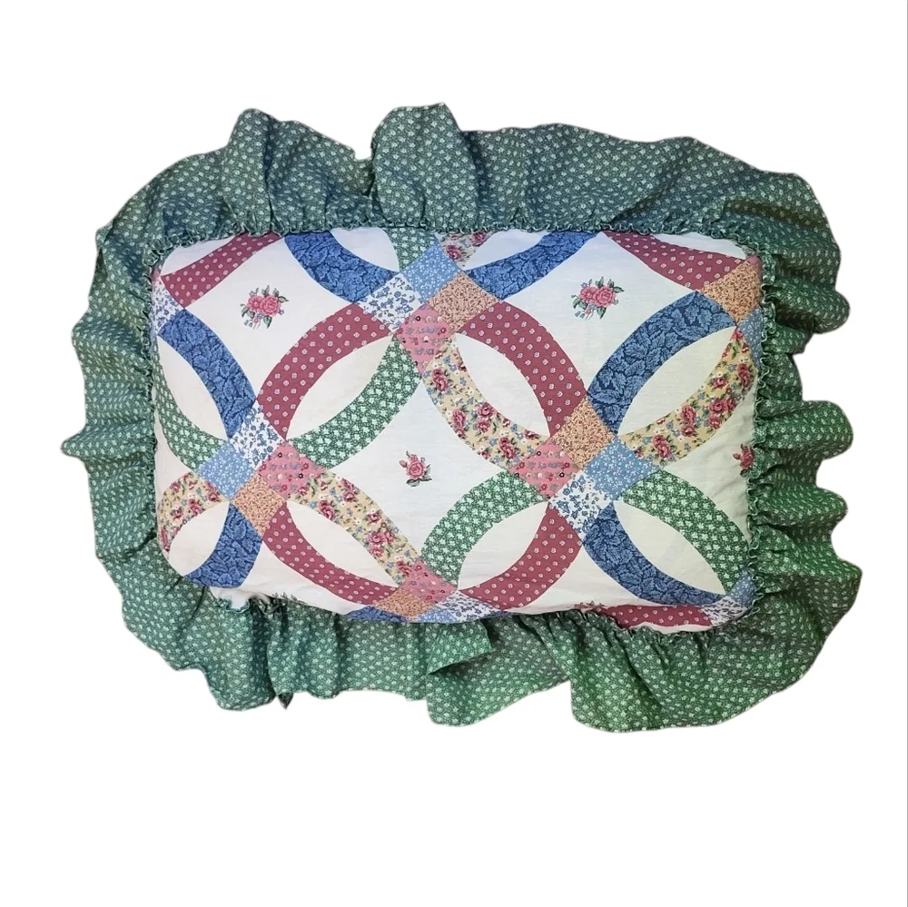 Vintage Calico Double Wedding Ring quilted Pillowcase sham