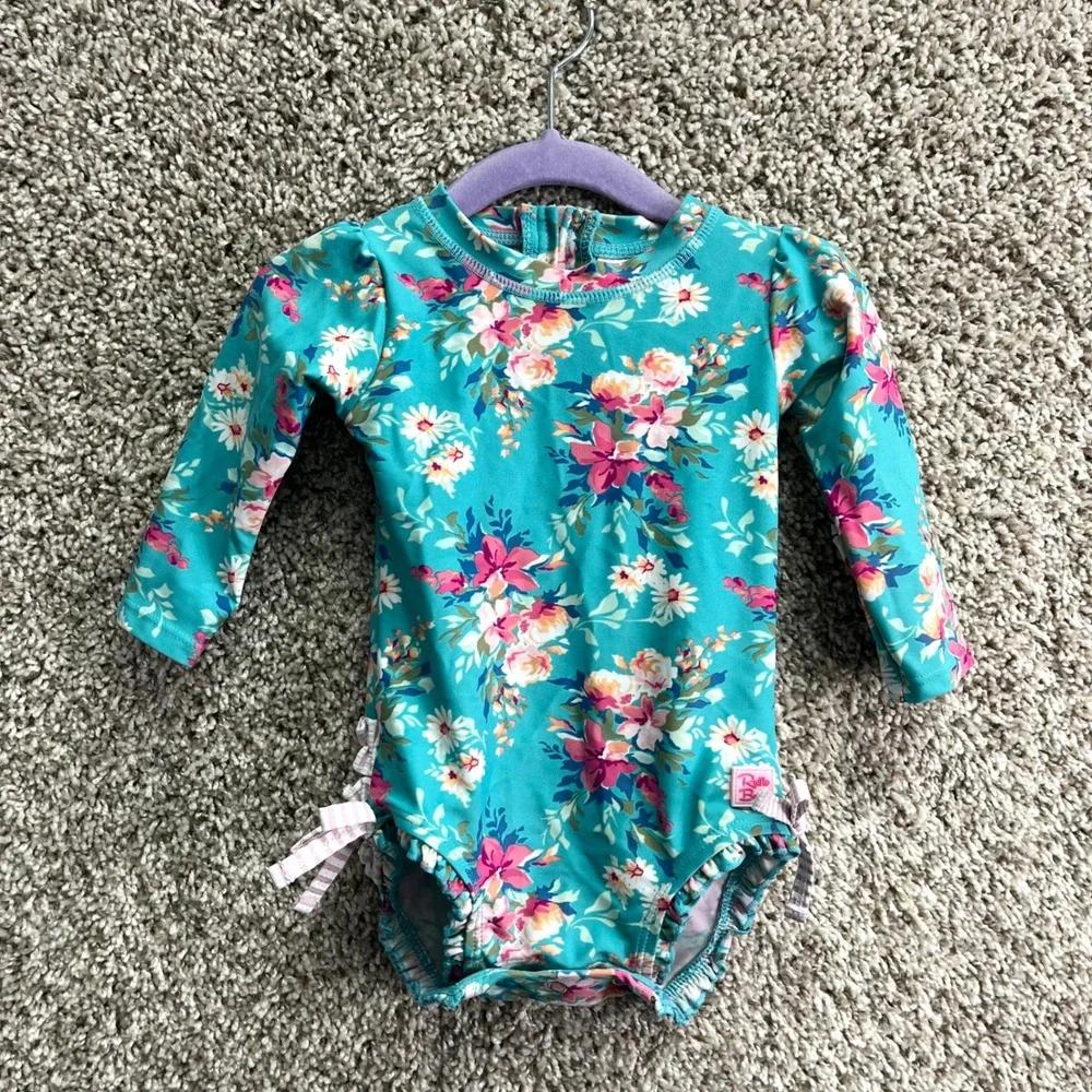 Ruffle Butts Swimsuit‎ Baby 6-12M Teal Floral Long Sleeve One Piece Rash Guard