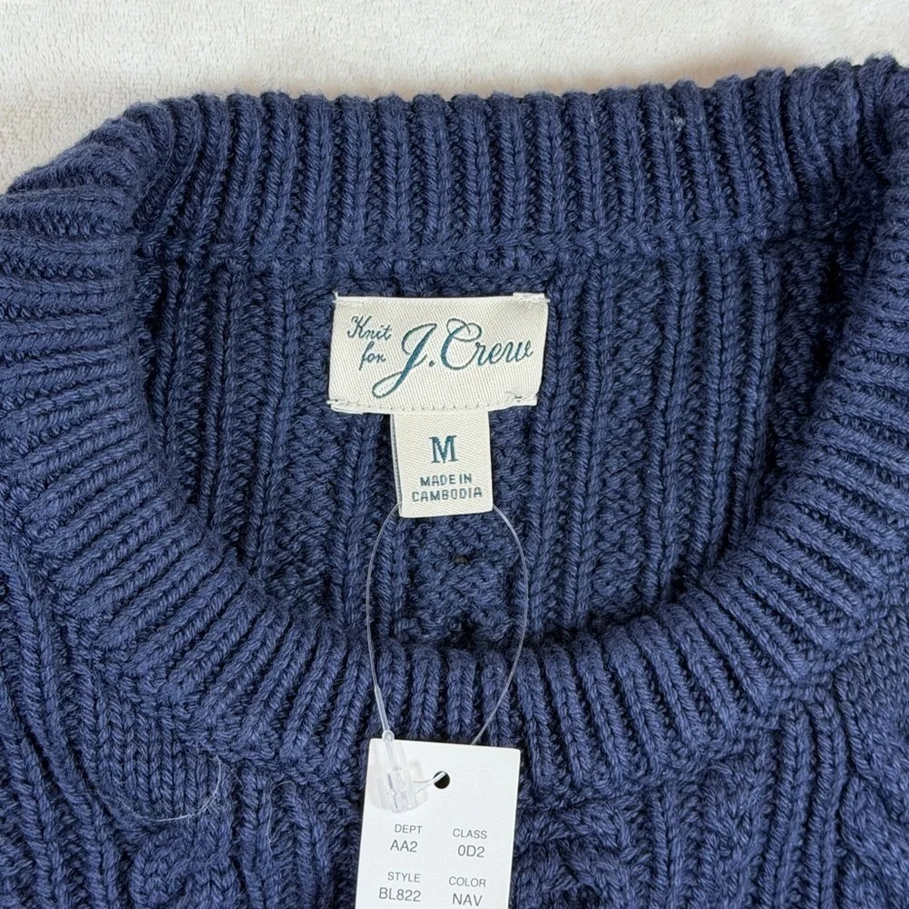 NWT J. Crew Heavy Cotton Deep Navy Blue Cable Knit Nautical Crewneck Sweater
