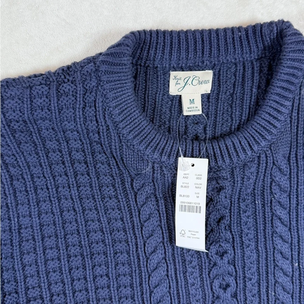 NWT J. Crew Heavy Cotton Deep Navy Blue Cable Knit Nautical Crewneck Sweater