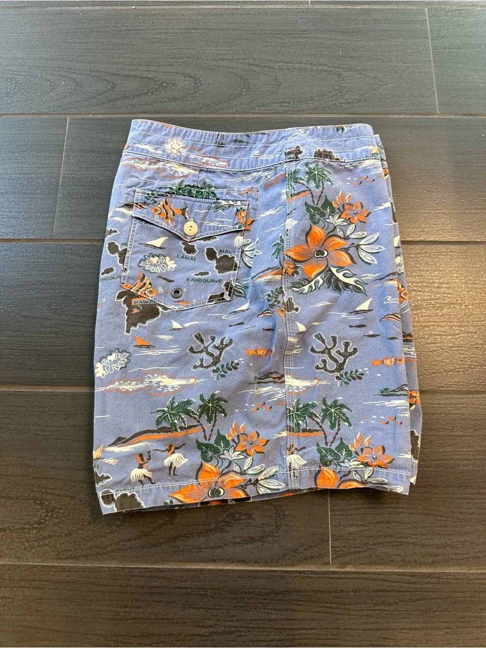 J. Crew Blue Hawaiian Map Print Swim Trunks with Orange Floral Accents