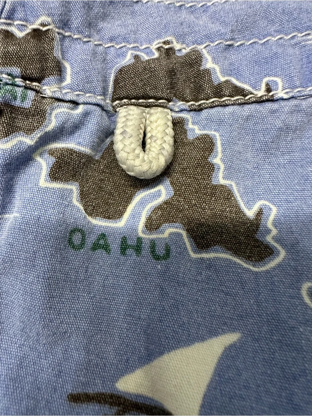 J. Crew Blue Hawaiian Map Print Swim Trunks with Orange Floral Accents