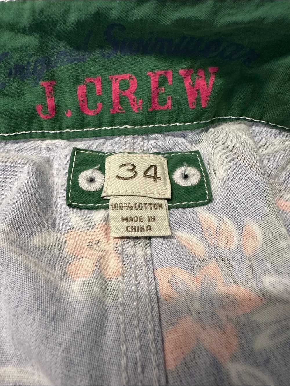 J. Crew Blue Hawaiian Map Print Swim Trunks with Orange Floral Accents