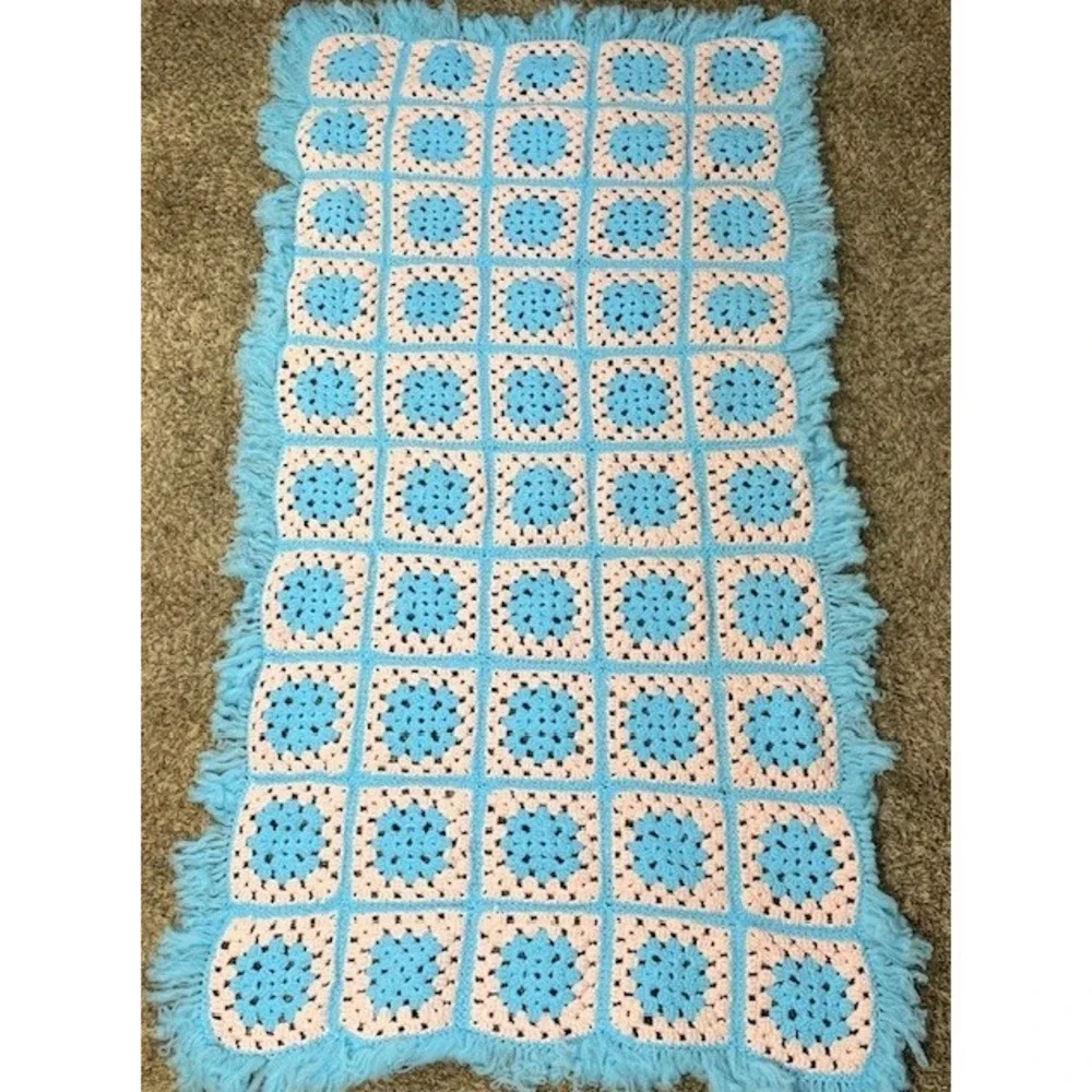 Vintage Granny Square Crochet Blanket Baby Blue Pink Afghan Throw 69x35‎