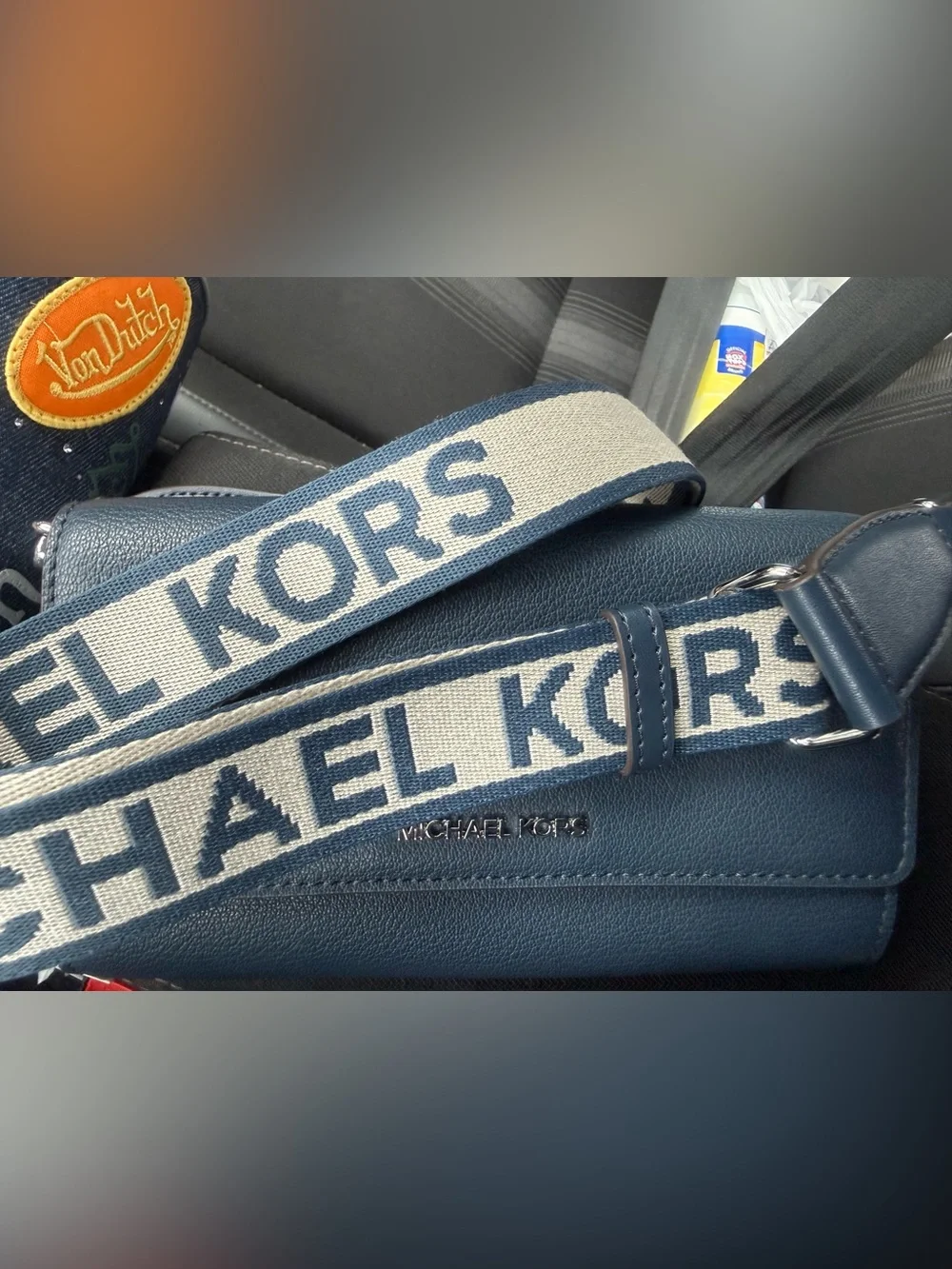 Michael Kors Blue Leather Crossbody with Cream Logo Strap