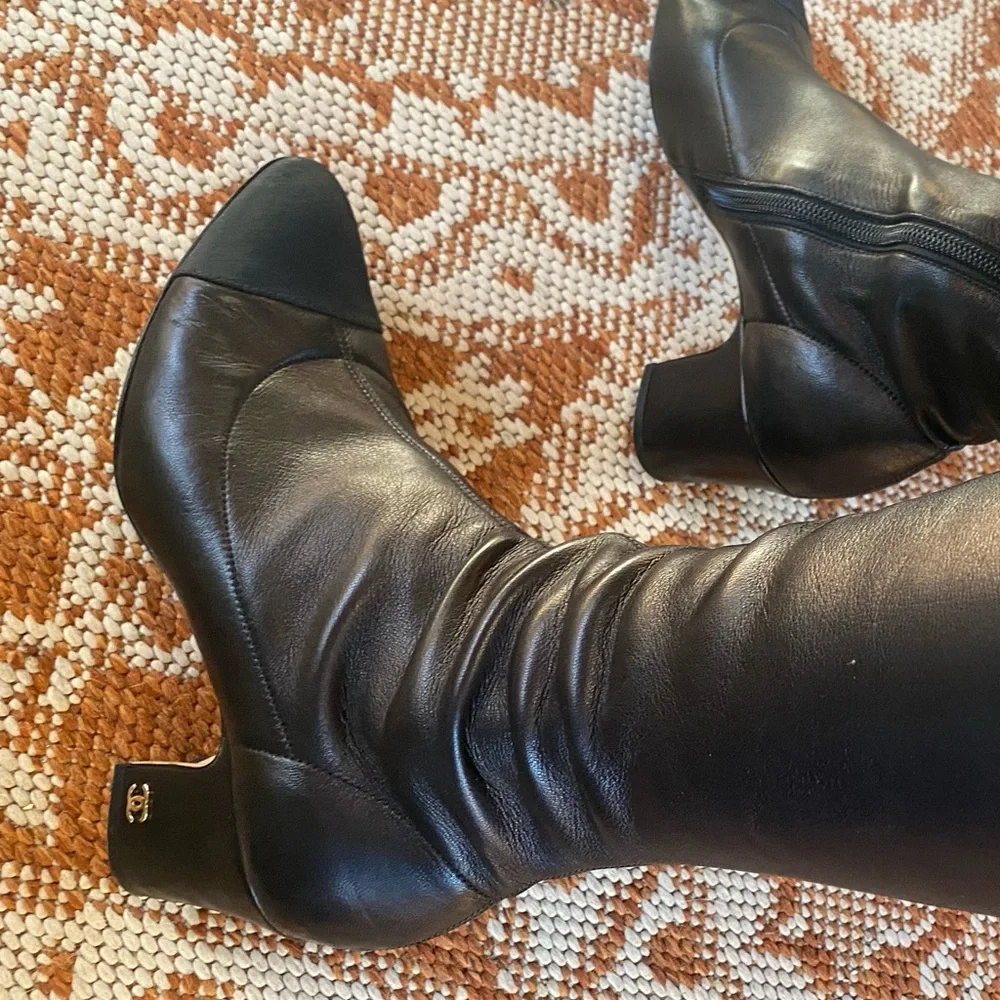 CHANEL Black Soft Lambskin Knee Heeled Boots