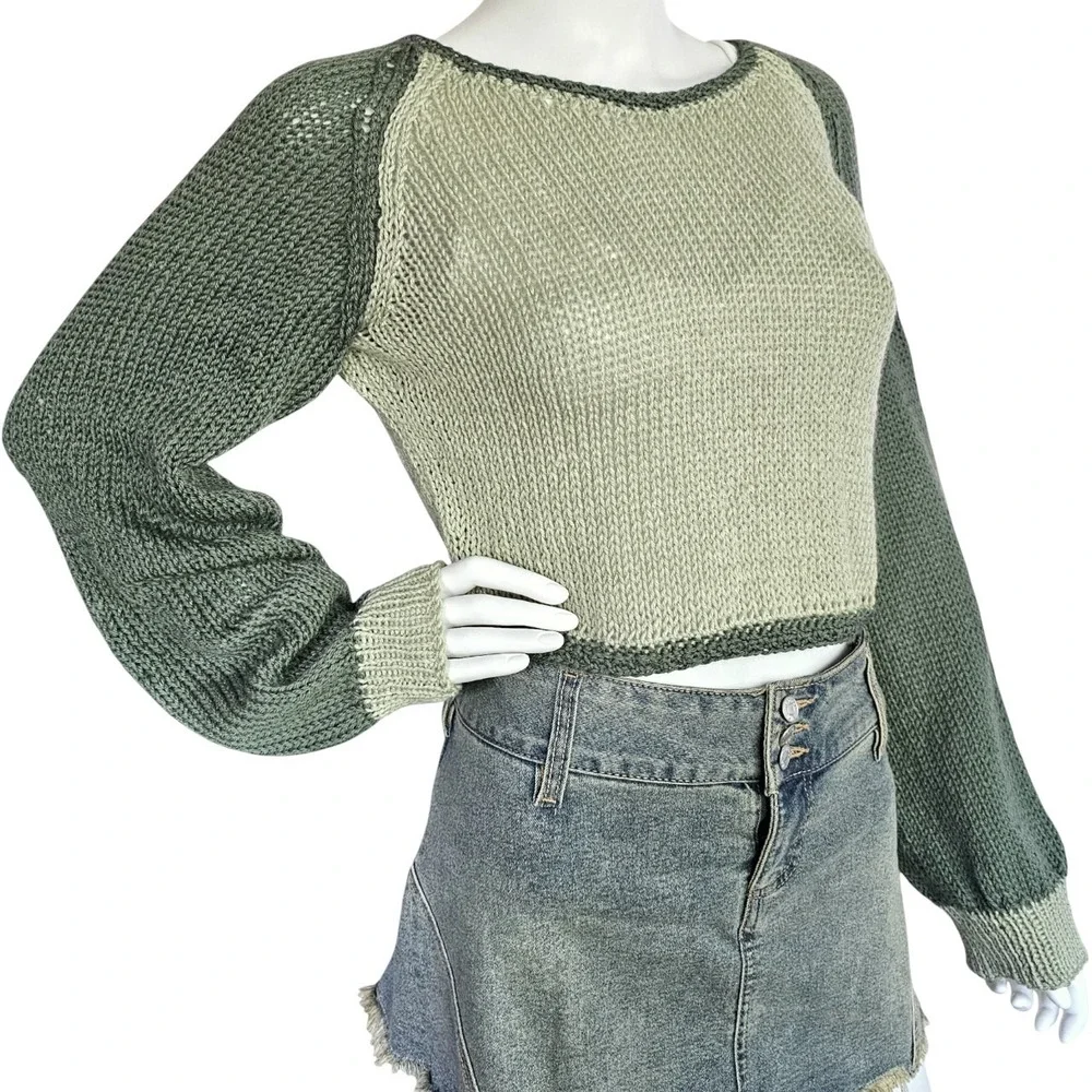 Handmade Knit Cropped‎ Sweater – Two Tone Green | Size Small-Medium